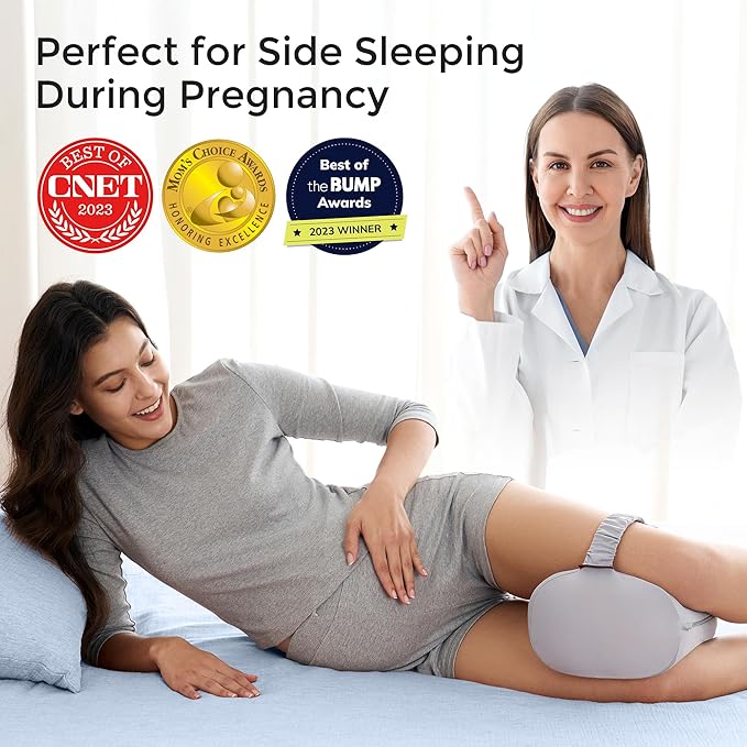 Momcozy Knee Pillow for Side Sleepers with Cooling Cover, Soft Memory Foam Spine Alignment Pregnancy Leg Pillow for Hips, Back, Sciatica Pain, Fixed Strap for Moving, Wider Contact Even Pressure