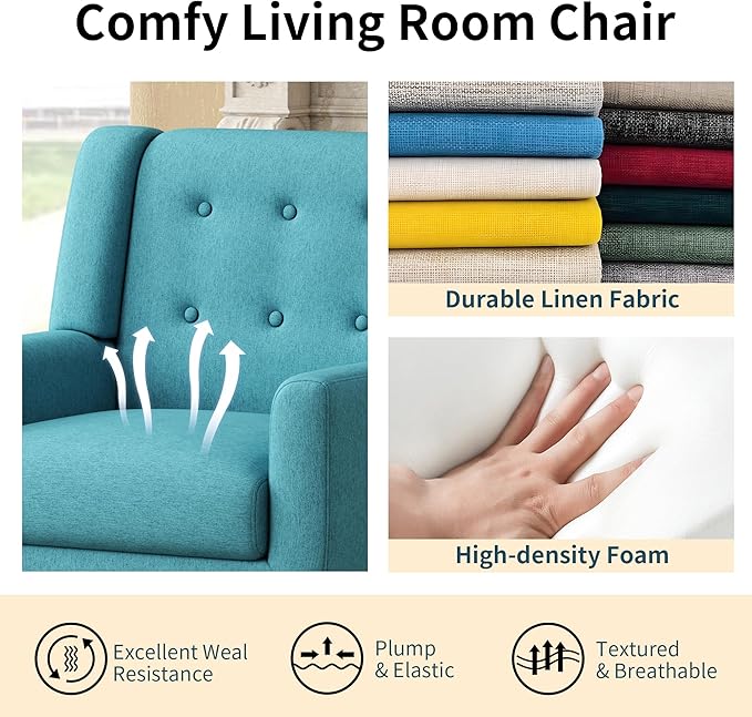 Accent Chair Set of 2, Mid-Century Modern Upholstered Living Room Armchair, Comfy Linen Fabric Single Reading Arm Chair with Tufted Back and Wood Legs for Bedroom, Club (2, Lake Blue)