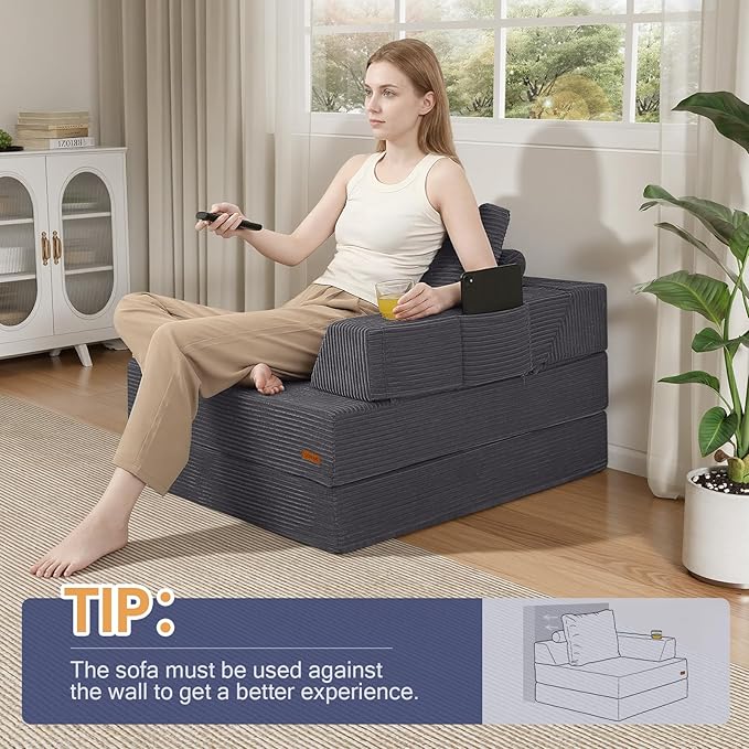 COMAX Folding Sofa Bed, Foldable Couch for Bedroom, Corduroy Convertible Floor Sleeper Futon Chair Foam, 3 in 1 Fold Out Chair Portable Comfy Lounge Couch Single Sofa Bed for Small Space Guest Room