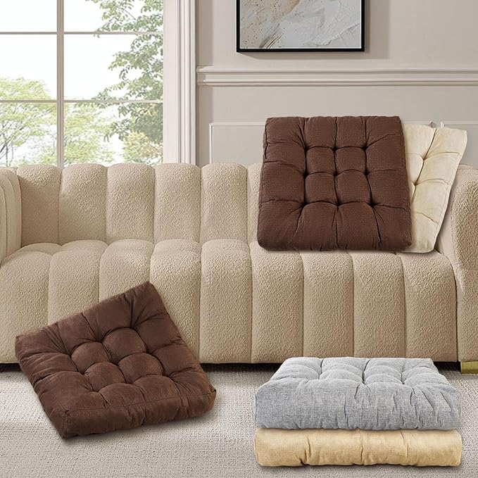 LYLNBYWK Meditation Floor Cushions Set of 2, Thickened Floor Pillow for Adults, Large Square Pillows Seat Cushion for Tatami Living Room Yoga, Memory Sponge Block Added, 22x22 Inch, Brown