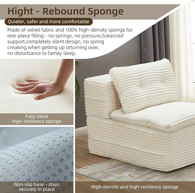 80" Foldable Floor Couch, 3-Seat Convertible Sleeper Sofa with Chaise Lounge, Blanket and 3 Soft Pillows, Corduroy Fabric, for Living Room, Bedroom, Apartment, No Assembly Required, Beige
