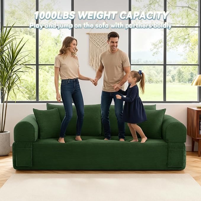GJQ 83" Boneless Couch for Living Room,Corduroy 3 Seater Sofa in a Box with 4 Pillows & Storage Pocket,No Assembly Cloud Sofa Bed Oversized Floor Sofa,Green