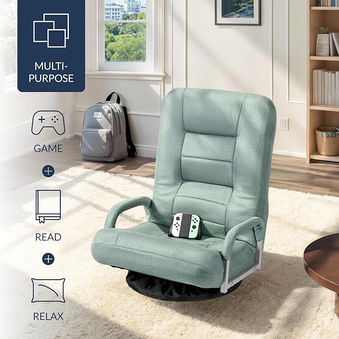 Best Choice Products Swivel Gaming Chair 360 Degree Multipurpose Floor Chair Rocker for TV, Reading, Playing Video Games w/Lumbar Support, Armrest Handles, Adjustable Foldable Backrest - Sage Green