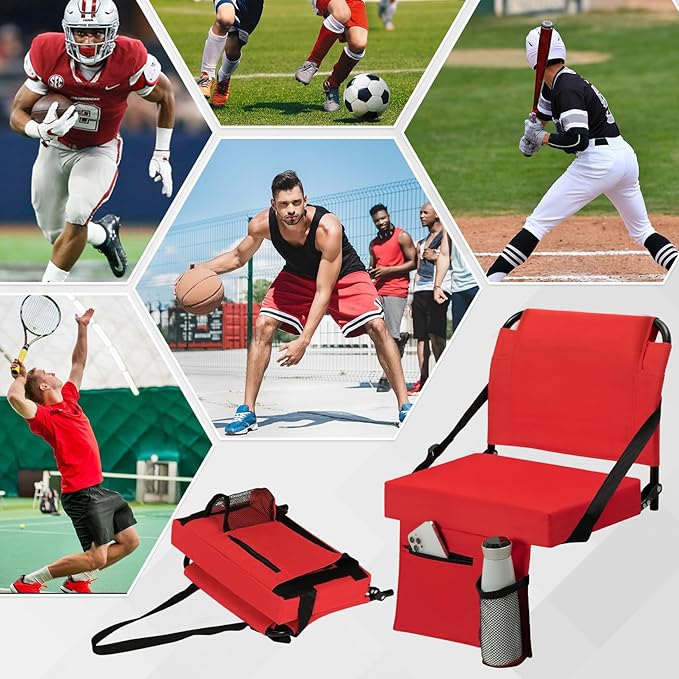 2pcs Stadium Seat for Bleachers with Back Support，Portable Bleacher Chairs with Back and Cushion，Includes Shoulder Strap and Cup Holder