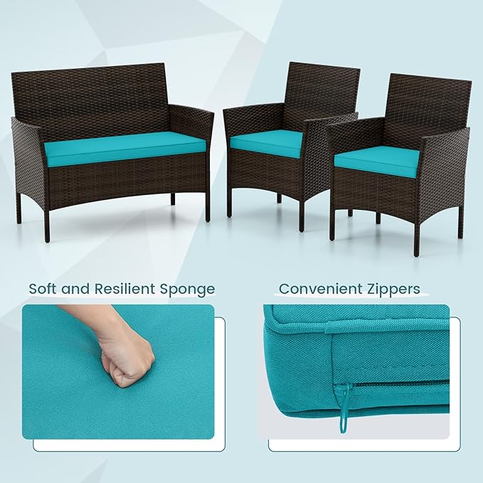 HAPPYGRILL 4 Pieces Outdoor Rattan Conversation Set, Patio Wicker Furniture Set with Loveseat Chairs & Tempered Glass Coffee Table, Outside Sectional Sofa Set for Backyard, Garden, Poolside