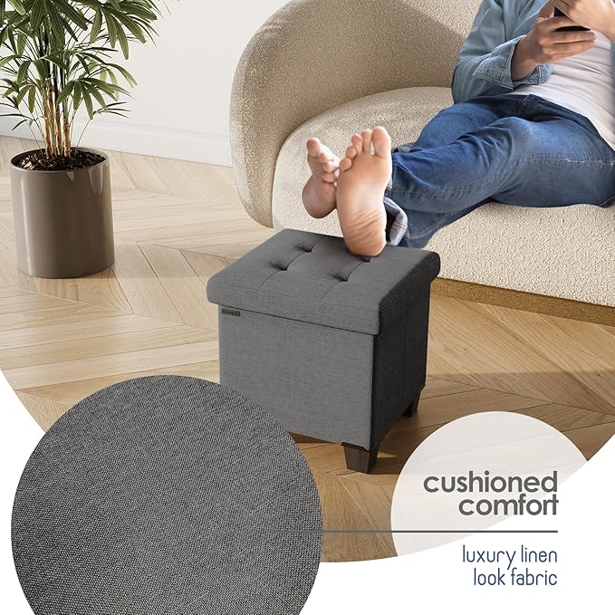 Storage Ottoman Cube with Small Bin, 16-in Square Ottoman with Storage for Living Room and Bedroom, Small Ottomans Foot Rest, Fabric Foot Stools Ottomans Max 330lbs, Grey