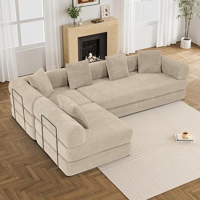 DAMAIFROM 157" Convertible Sleeper Sofa Bed Set with Pillow, 4-in-1 Corduroy Folding Mattress Boneless Couch with Fixed-Shape Frame, Fold Out Floor Sofa Cama Lounge Couch for Living Room, Light Brown