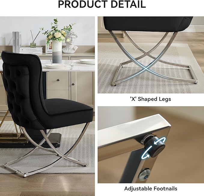 WUTUTUEE Luxury Velvet Dining Chairs, Tufted Upholstered Armless Accent Chairs with Silver Metal X-Legs, Modern Glam Dining Room Chair Set of 6, Black