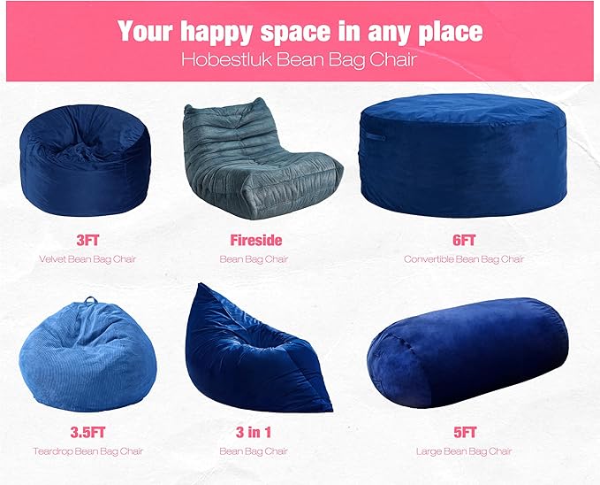 Hobestluk 5FT Bean Bag Chair Large Beanbag Lounger with Removable Cover Adult Bean Bag Chair with Portable Handle Desgin for Living Room Bedroom (Blue, 5FT)