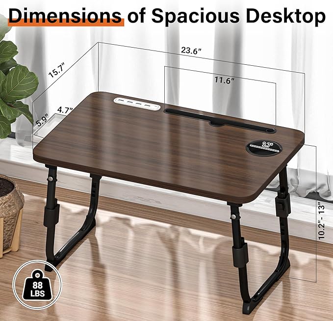 DECOSIS Laptop Desk for Bed Height Adjustable, Lap Bed Table with USB/Storage Drawer/Cup Holder/Tablet Stand/Book Shelf, Foldable Breakfast Tray Portable for Reading Writing, Sofa & Floor, Walnut