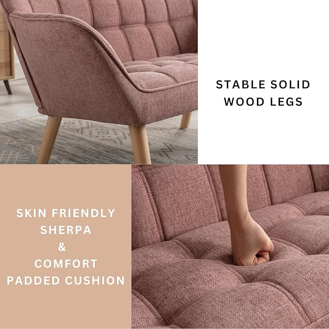 48" Small Loveseat Sofa, Mid Century Modern Linen Love Seat with Wood Legs 2-Seat Sofa Couch Tufted Wingback Upholstered Sofa Chair for Living Room Bedroom Apartment, Pink
