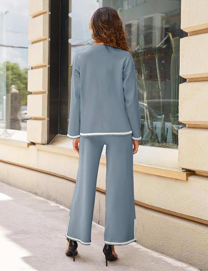Tanming Women's 2 Piece Outfits Long Sleeve Knit Sweater Top Wide Leg Pants Lounge Sets Tracksuits