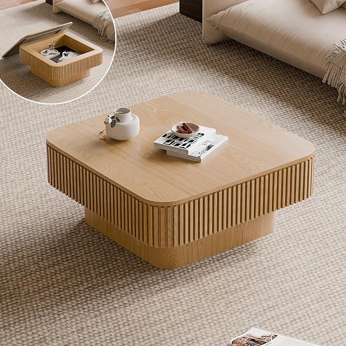 FGXJY Square Small Coffee Table with Storage, Modern Wooden Coffee Table with Solid Wood Veneered, Fluted Center Table Drum Tea Table for Living Room Apartment, 31.5''L×31.5''W×14''H
