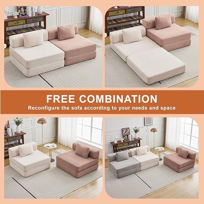 Folding Sofa Bed, Convertible Sleeper Chair with Pillow, Single Sofa with Back Support, Portable Fold Out Chair Cloud Couch Bed, Comfy Floor Sofa Lounge for Living Room Bedroom, Orange