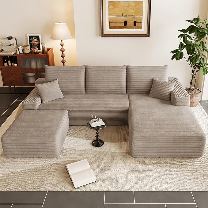 95" Cloud Sectional Couch with Ottoman,Modern U-Shaped Cloud Couch with Deep Seat,Comfy Corduroy 3-Seater Sofa,Memory Foam Sofa for Living Room,No Assembly (Camel,Right-Facing Chaise)