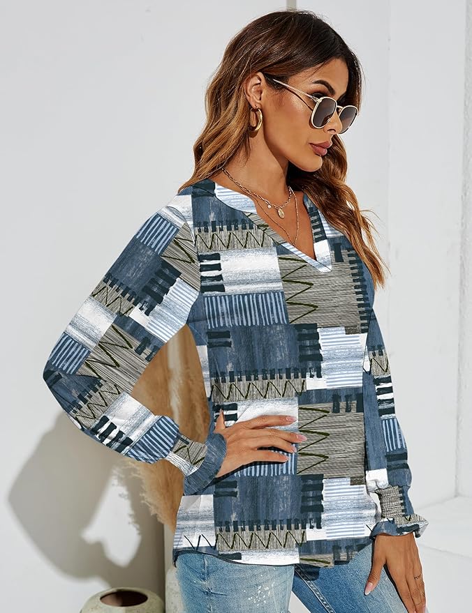 Romanstii Women's Casual V-Neck T-Shirts Loose Puff Long Sleeve Tops Tunic Blouses
