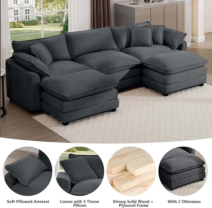 Aoowow Corduroy 3 Seater Couch with Ottomans,Modern Large Cloud Couches for Living Room,U Shaped Modular Sectional Cloud Sofas Deep Seat,U Shape Oversized Tufted Sofa Set (Grey, 3 Seater + 2 Ottoman)