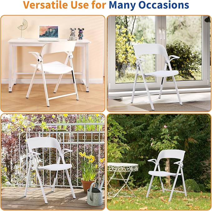 White Office Chair with Arms, Plastic Folding Chairs, Comfort Stackable Dining Chairs,Portable Foldable Chair with Steel Frame for Indoor, Outdoor, Wedding, Party, Lawn, Yard, Beach, 2Pack