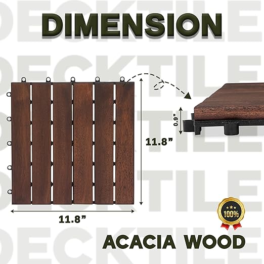 VICTORY RELAX Acacia Wood Decking Tiles 9PCS - Easy Snap Interlocking Deck Tiles for Patio Poolside Balcony Decor - All Weather Waterproof Flooring for Indoor & Outdoor (Round Joints)