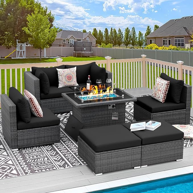 RADIATA 7Pcs Outdoor Patio Furniture Set with Fire Pit, Modern Comfortable Outside Sectional Couch High Back Oversized Wide Deep 6-Seats, Modular All-Weather Heavy Duty Wicker Sofa Set, Grey&Black