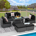 RADIATA 7Pcs Outdoor Patio Furniture Set with Fire Pit, Modern Comfortable Outside Sectional Couch High Back Oversized Wide Deep 6-Seats, Modular All-Weather Heavy Duty Wicker Sofa Set, Grey&Black