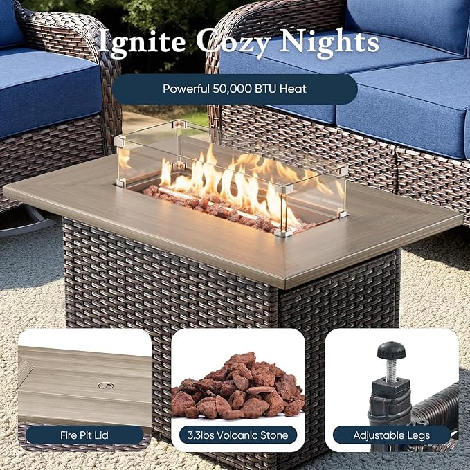 Belord Luxury 6" Thick Cushioned Outdoor Swivel Rocker Chairs Set of 4 with Fire Pit Table, High Back Wicker Patio Furniture Set with Ergonomic Zone Back, Conversation Set for Deck Porch - Brown+Blue