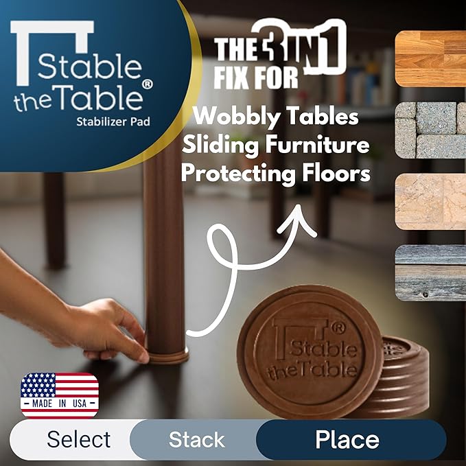 Stable the Table-6 Pack-White Round, Furniture Leveler & Riser, Anti-Slip Sofa Gripper for Hardwood Floors, Floor Protector, Stacking Furniture Pad, Bed, Desk, Couch & Table Stabilizer, Made in USA