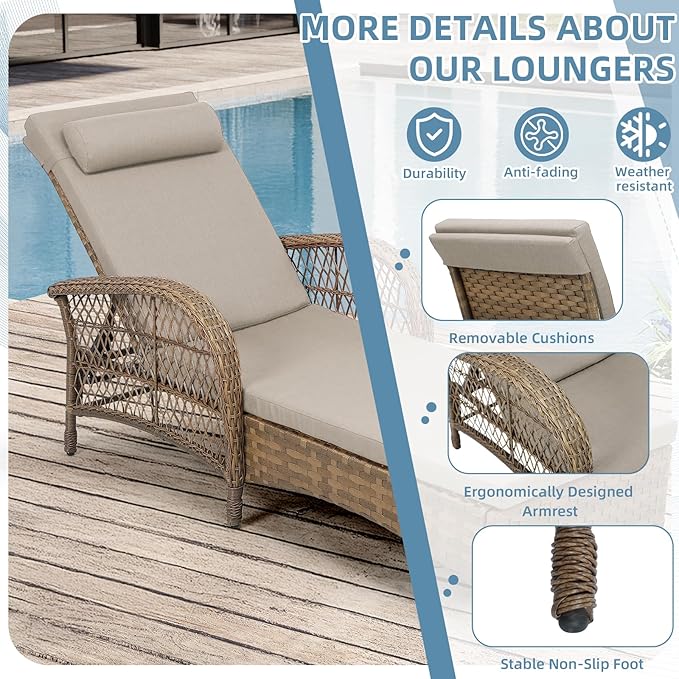 WINGTU Outdoor Chaise Lounge Chair with Side Table, All Weather PE Rattan Patio Lounge Chair with Cushion, 6-Positions Adjustable Pool Sunbathing Recliner for Poolside, Armrest & Pillow, Beige