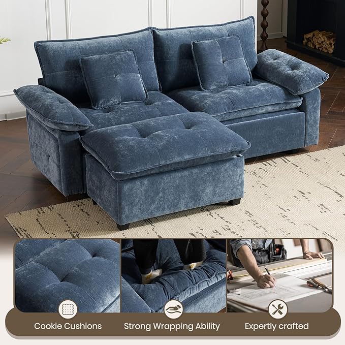 PALLOME 82" Deep Seat Comfy Cloud Couch, Modular Sectional Sofa with Movable Ottoman, L Shaped Chenille Sofa for Small Space, Modern Apartment Living Room & Office (Blue, 2-Seat + Ottoman)