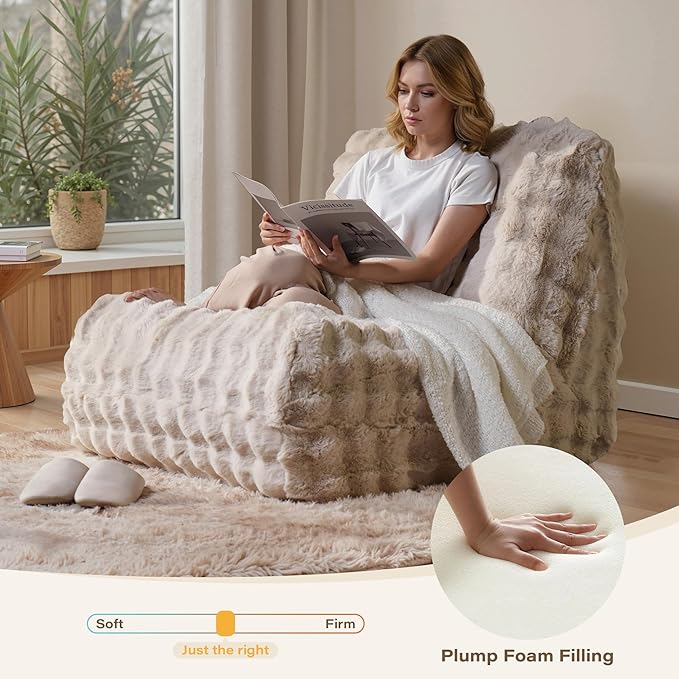 Beige Bean Bag Chairs for Adults,Comfy Small Bean Bag Sofa with Back Support,Memory Foam Bean Bag Chair for Kids,Faux Fur Fireside Beanbags Lazy Sofa for Bedroom,Dorm,Apartment,Living Room