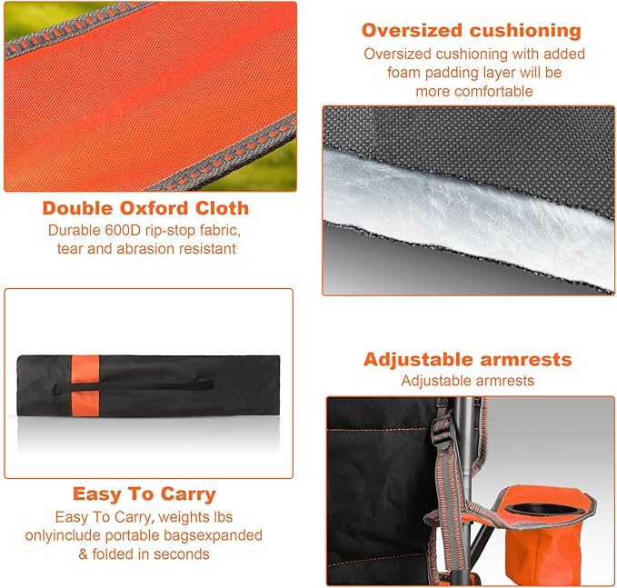 LANMOUNTAIN Oversized Padded Camping Chairs for Adults,Heavy Duty Support 400 Lbs,Folding Portable Lawn Chair w/Cup Holder,Cooler Bag,Side Pocket,Perfect for Outdoor Picnic,Hiking(Orange)