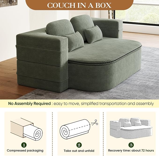 Antetek Convertible Sleeper Sofa, Modern Folding Futon Corduroy Floor Foam Compression Loveseat Sofa Bed Couch, Foldable Full Size Guest Bed with 4 Pillows for Living Room Bedroom Apartment, Green