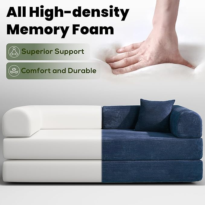 79" Convertible Sofa Bed, Boneless Corduroy Sleeper Foldable Modular Couch, Memory Foam Compressed Sofa in A Box, Folding Mattress Floor Couch for Small Space Living Room Apartment Bedroom, Blue