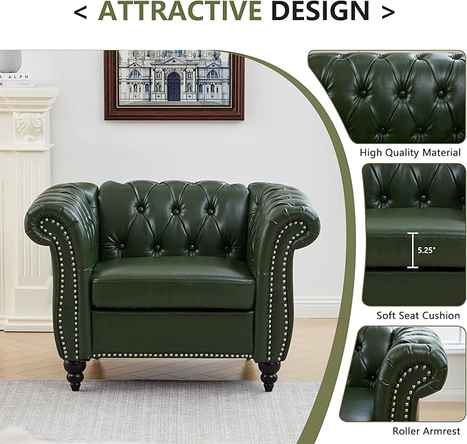 QHITTY Accent Chair, Chesterfield Chair Modern Leather Upholstered Chair with Tufted Back for Living Room Furniture (Green)