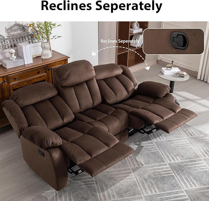 EBELLO Manual Recliner Chair, Classic 3 Seat Reclining Sofa with Overstuffed Arms and Backrest for Living Room, Bedroom, Sofa, Brown