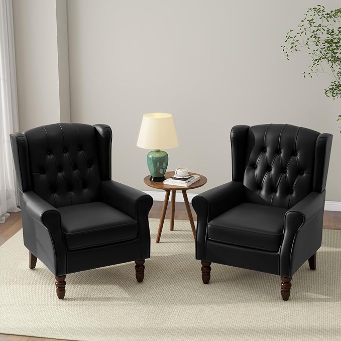 DREAMSIDEA Accent Chair, Upholstered Armchair with Button Tufted High Back & Solid Wood Legs, Comfy Wingback Reading Single Sofa Chair for Small Spaces, Living Room, Bedroom (Leather Black, Set of 1)