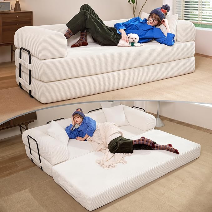 79" Convertible Sofa Bed, Boneless Corduroy Sleeper Foldable Modular Couch, Memory Foam Compressed Sofa in A Box, Folding Mattress Floor Couch for Small Space Living Room Apartment Bedroom, White