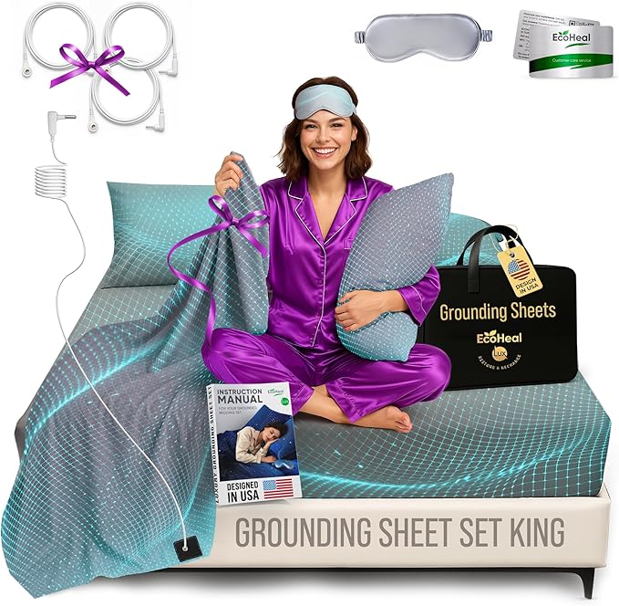 ECOHEAL Grounding Sheet Set - King Size, Gray Fitted & Flat Sheets with Pillowcases - 12% Silver Fiber, 4% Silk, 84% Cotton - SGS Quality Certified Conductive Bed Grounding Kit for Better Sleep
