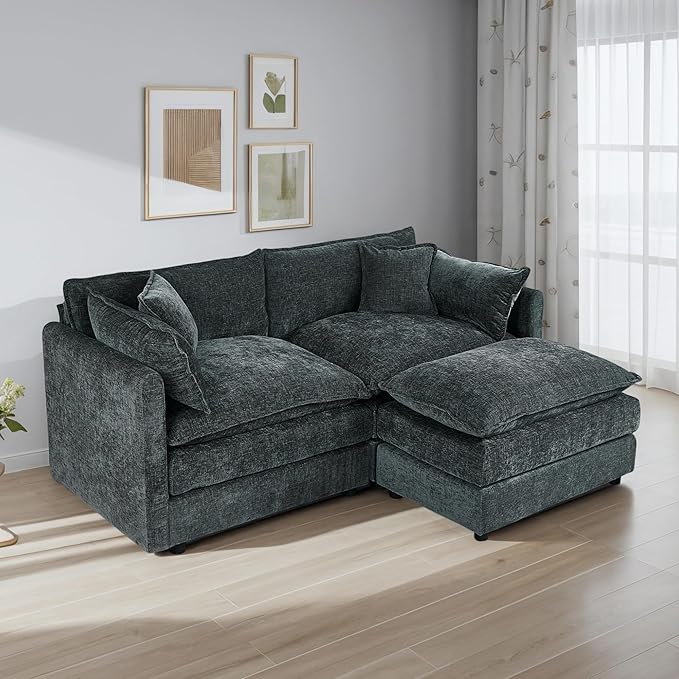 Aoowow Modular Sectional Sofa Modern Convertible Loveseat Couch,77.16 Inch Deep 2-Seater Sofas Comfy Chenille Cloud Sofas and Couches Set with Movable Ottoman for Living Room Apartment（Grey）