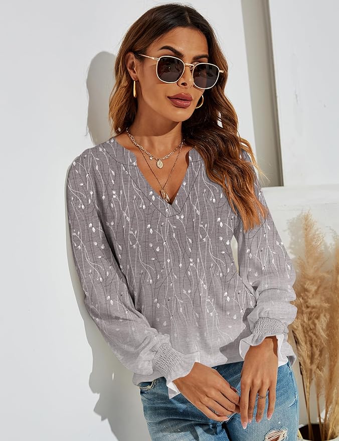 Romanstii Women's Casual V-Neck T-Shirts Loose Puff Long Sleeve Tops Tunic Blouses