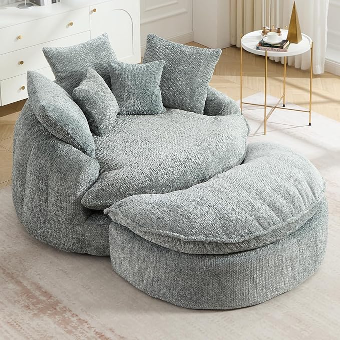 54" Oversized Round Chaise Lounge Indoor Boneless Bean Bag Chair with Movable Ottoman Fluffy Comfy Reading Chair Large Circle Cloud Couch Sleeper Sofa Bed for Living Room, Bedroom, Blue Gray