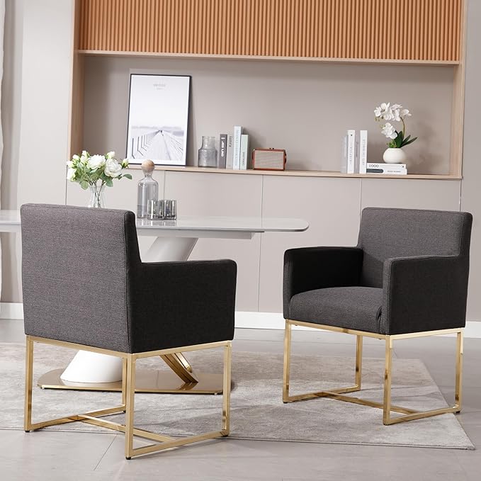 BESTANO Upholstered Dining Chairs with Armrest Set of 2 Mid Century Modern Accent Chairs Armchairs with Gold Metal Frame, Modern Kitchen & Dining Room Chairs, Charcoal