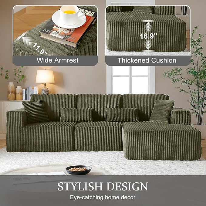 Modular Sectional Sofa Cloud Sectional Couch, 107" Comfy Fluffy L Shaped Olive Green Couches for Living Room, Deep Seat Memory Foam Plush Corduroy Boneless Couch Sectionals Right Facing Chaise Sofa