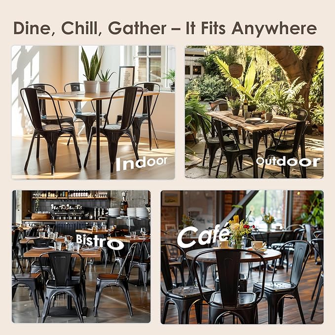 Metal Dining Chairs Set of 4,Stackable Tolix Chair Indoor/Outdoor for Kitchen,Cafe,Restaurant,Bistro & Patio Multiple Colors(Matte Black)