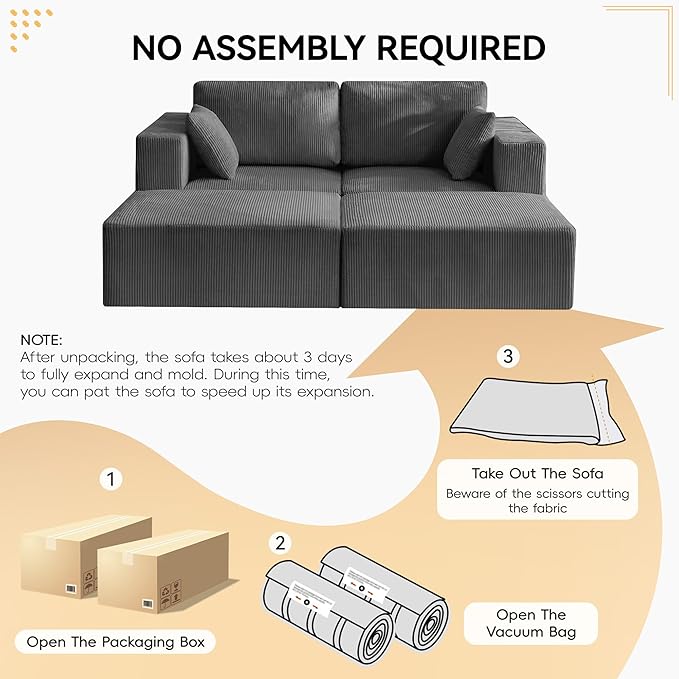 83'' Boneless Loveseat Sofa, Comfy Deep Seat Cloud Couch with 2 Moveable Ottoman, No Assembly Corduroy Love Seat for Living Room, Grey