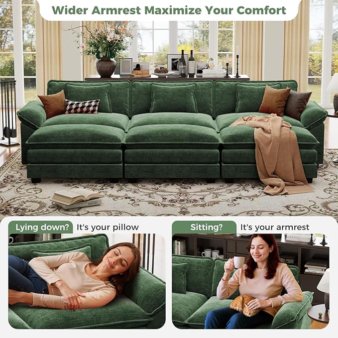 CDCASA 120" Oversized Modular Sectional Sofa Bed, Comfy Cloud Couch w/ 3 Movable Ottoman, 6-Seater Chenille Deep Seat Sofa Bed Modern Sofa Couch for Living Room, DIY Combination, Green