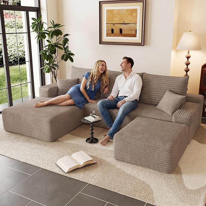 95" U-Shape Cloud Couch, Modern Modular Sectional L-Shape Sofa with Ottoman, Corduroy Upholstered Couches Deep Seat Sleeper Chaise Longue for Living Room, No Assembly Required(Camel, Left Facing)
