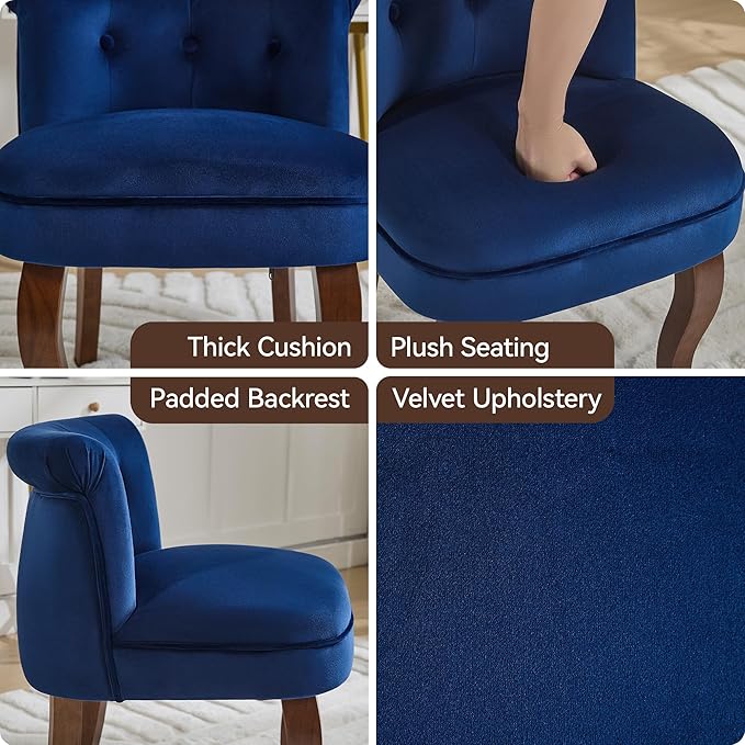 WUTUTUEE Velvet Vanity Chair with Back, Tufted Upholstered Vanity Stool with Solid Wood Legs, Mid Century Small Makeup Chair for Vanity, Accent Chair for Bedroom, Living Room, Navy