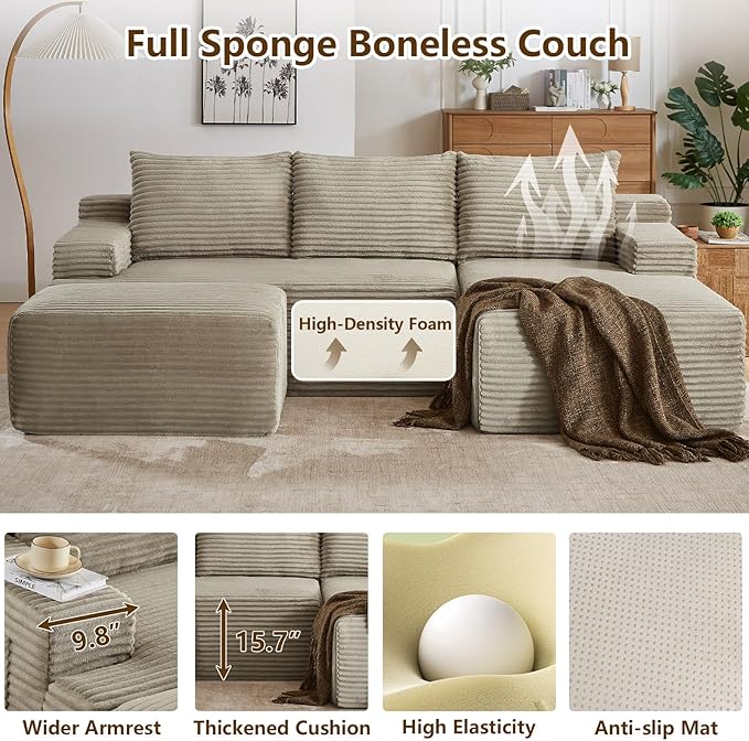 96" U-Shape Cloud Couch, Modern Modular Sectional L-Shape Sofa with Ottoman, Corduroy Upholstered Couches Deep Seat Sleeper Chaise Longue for Living Room, No Assembly Required(Camel, Right Facing)