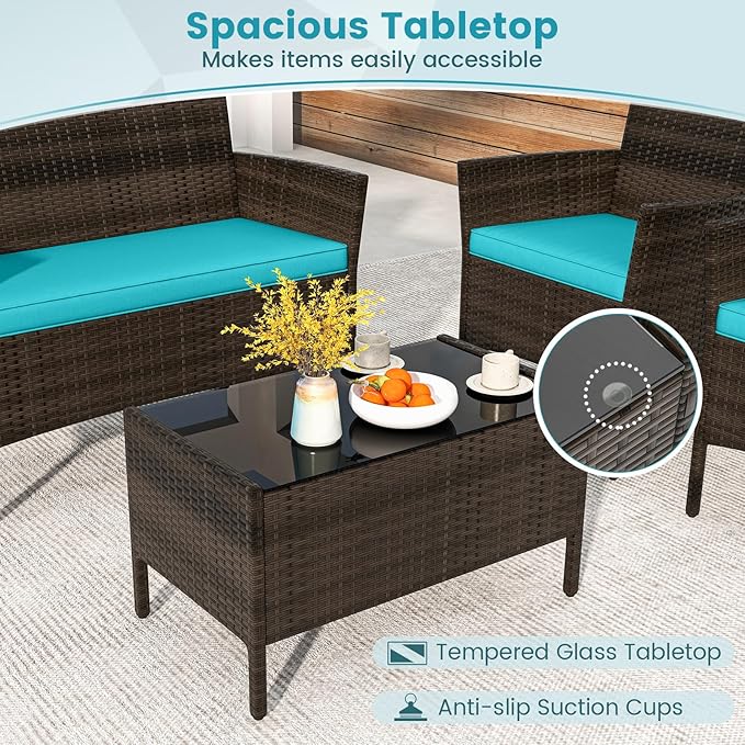 HAPPYGRILL 4 Pieces Outdoor Rattan Conversation Set, Patio Wicker Furniture Set with Loveseat Chairs & Tempered Glass Coffee Table, Outside Sectional Sofa Set for Backyard, Garden, Poolside